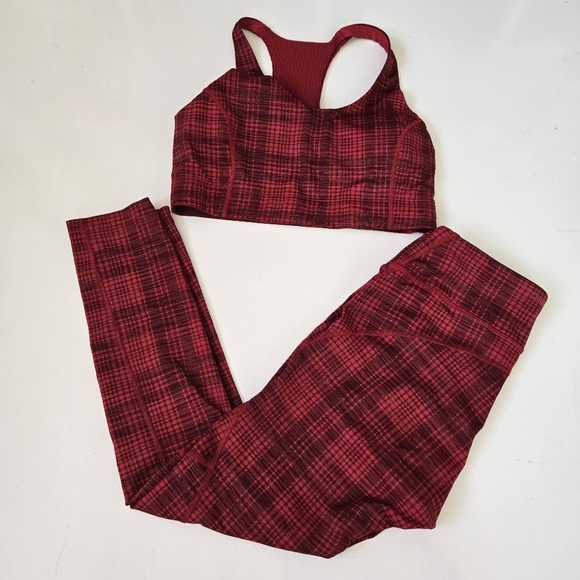 Outdoor Voices Move Free Red Legging Bra Pomegranate Red Plaid Compression Set M - Picture 1 of 17